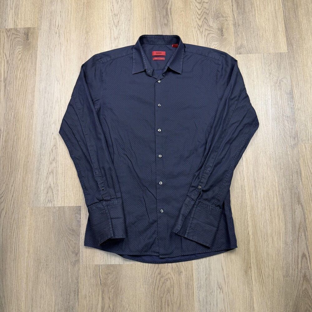Hugo Boss Shirt Mens Medium Blue Slim Fit Long Sleeve Pinstripe Dress Shirt